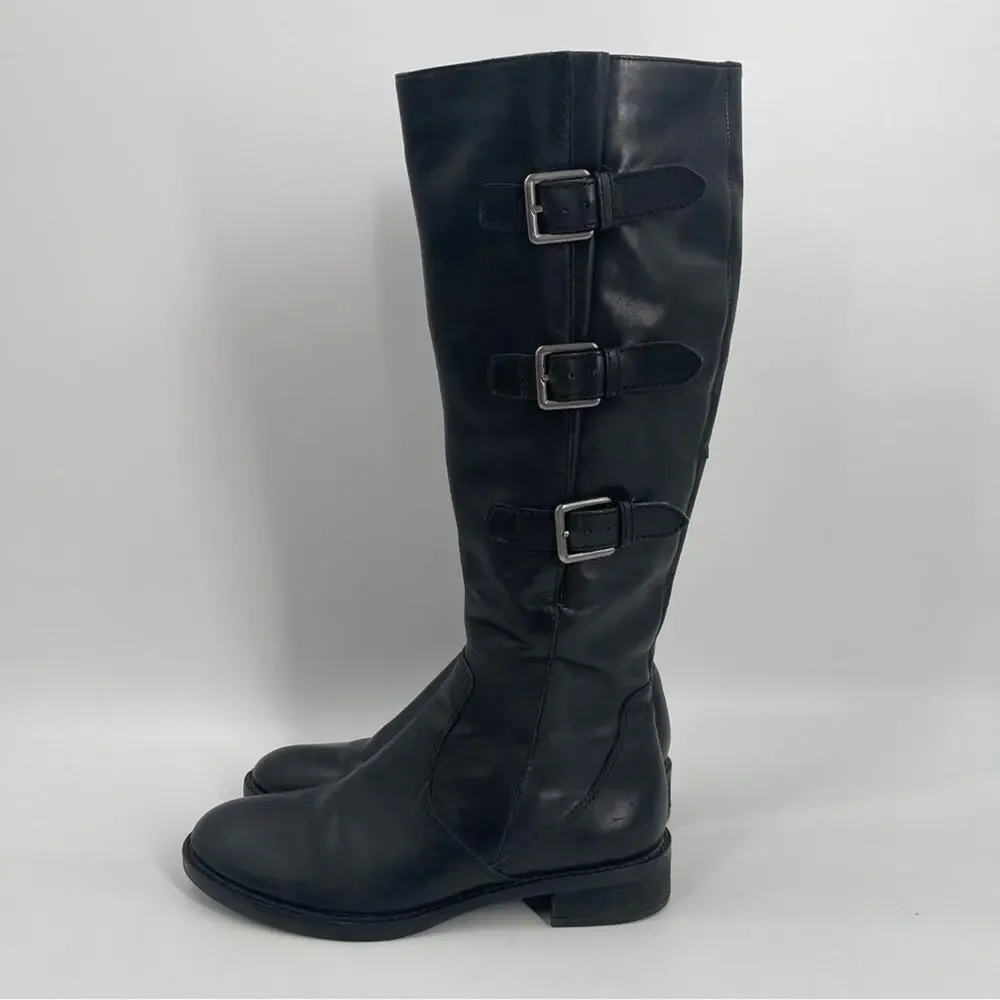 ECCO Boots Size 38 (7-7.5) Black Hobart 3 Buckle Riding Tall Womens Leather